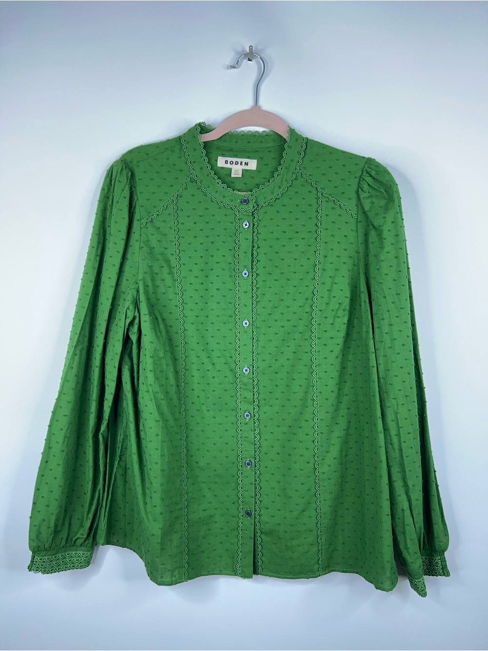 Boden Bright Green Swiss Dot Button-Front Blouse Rhea Cotton Long Sleeve Size 14